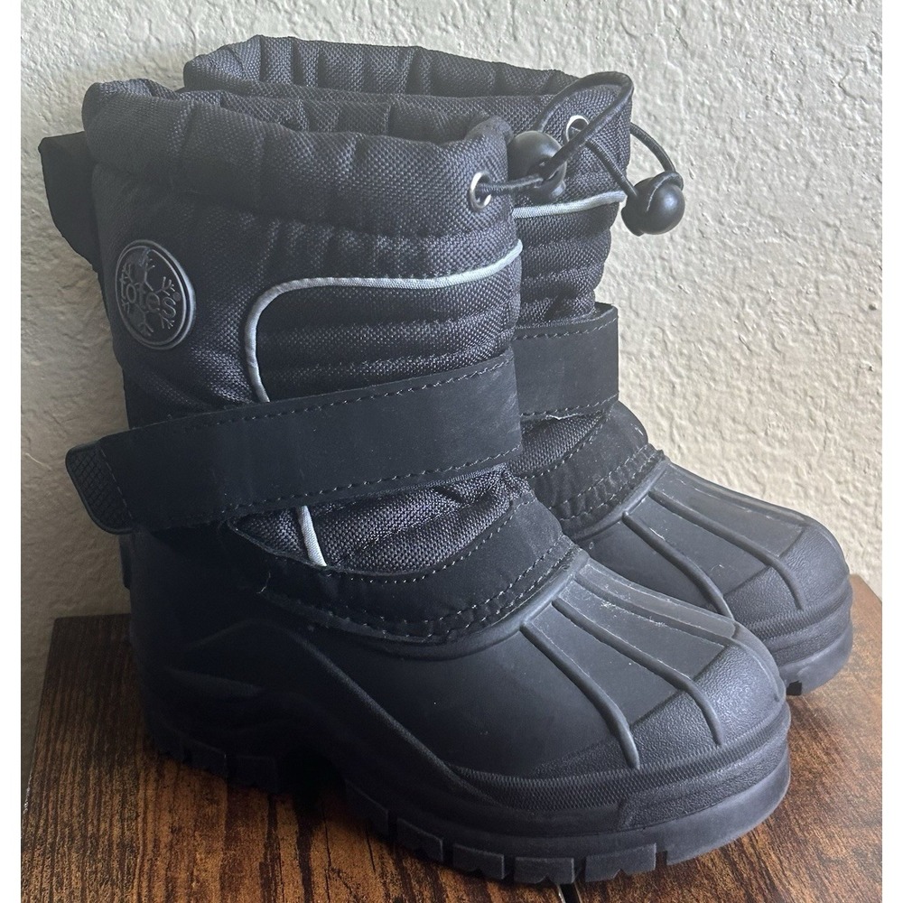 Totes Teton Boys Black Snow Boots Size 8 Water-Resistant Slip-on Hook & Loop